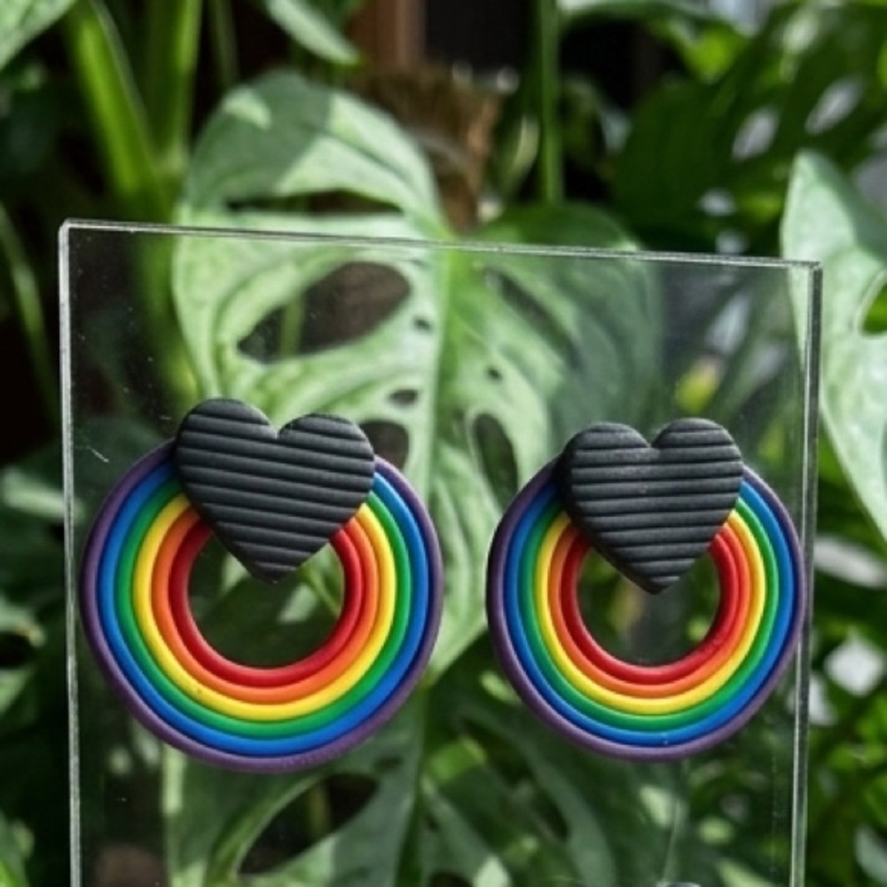 Textured Black Heart Rainbow Studs - Handmade Earrings